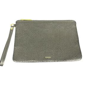 Fossil Black Pebbled Leather Wristlet Clutch Zip Pouch with Strap minimalist